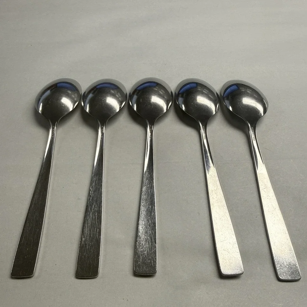 5 Oneida stainless Accent Soup Table Spoon Flatware MCM Silverware